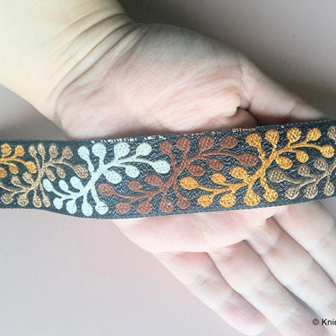 Shimmer Black Fabric Trim With White, Gold, Yellow And Brown Thread Embroidery - 200317L279